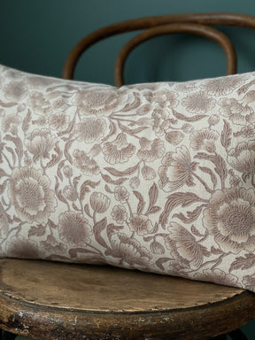 Natural Linen Pillow Cover With Faded Brown & Gray Cotton Flowers